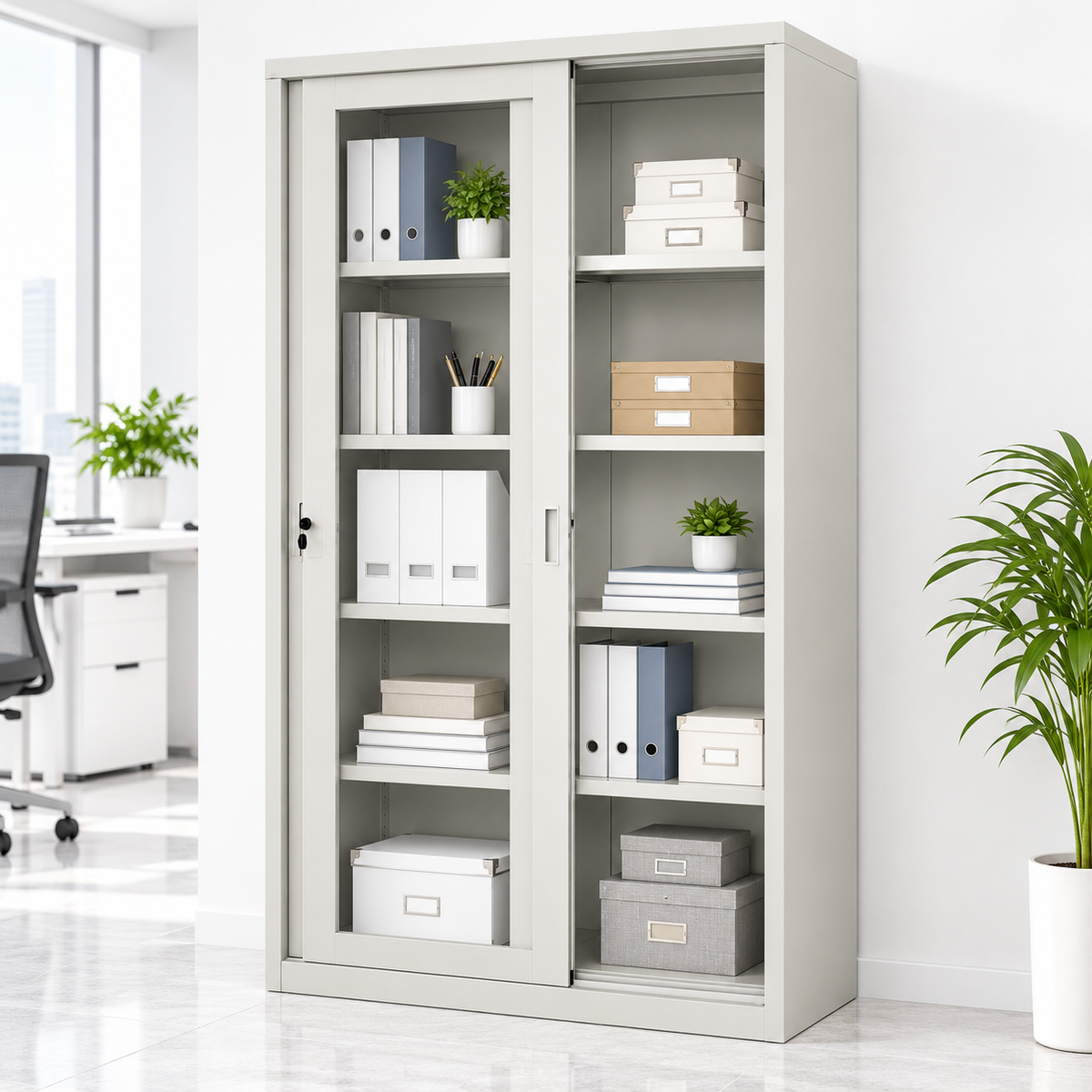 Armario de Metál C-19C con Puertas de Vidrio y Cerradura Color Beige
