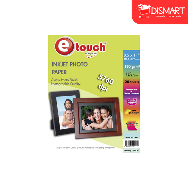 Papel foto glossy carta, 20 hojas, 190grs. Etouch®