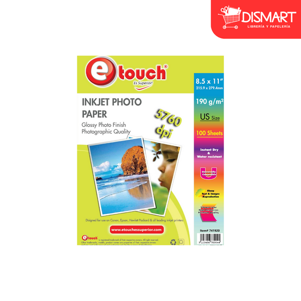 Papel foto glossy carta, 100 hojas, 190grs. Etouch®
