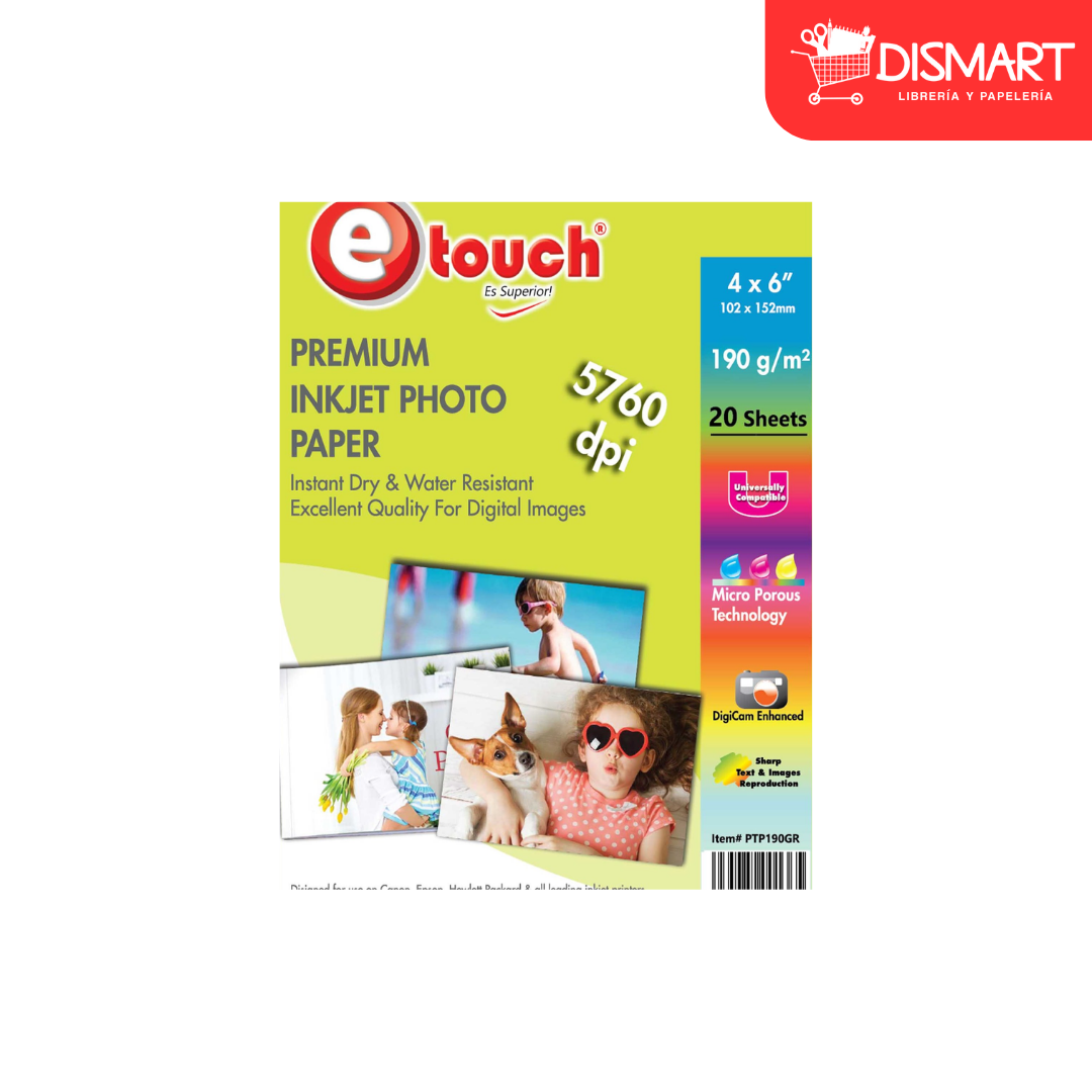 Papel foto glossy 4x6, 20 hojas , 190grs. Etouch®