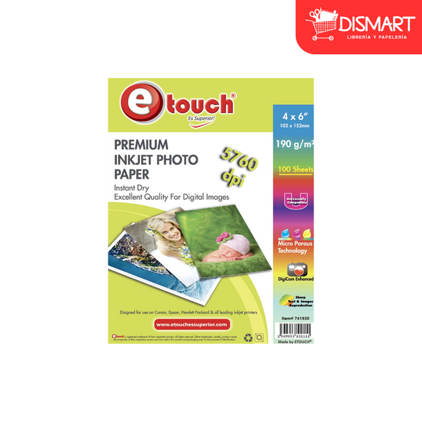 Papel foto glossy 4x6", 100 hojas, 190grs. Etouch®
