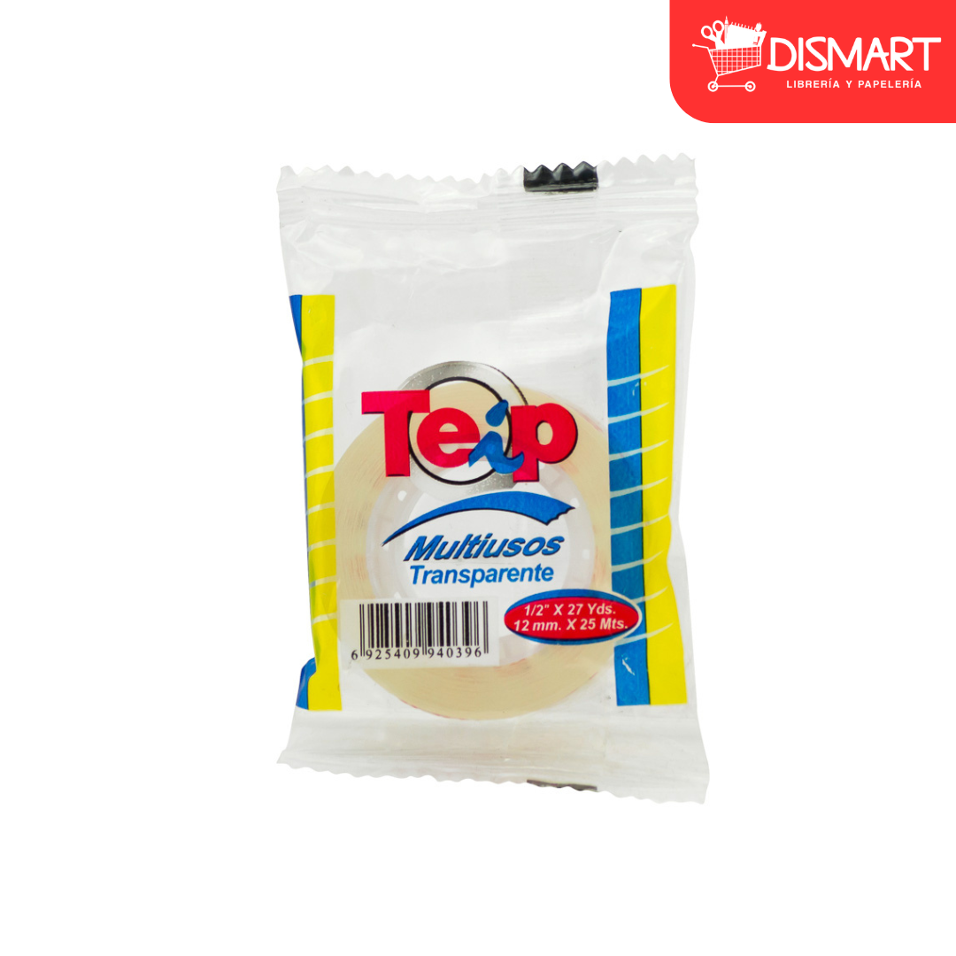 Cinta adhesiva teip 1/2"x27yds transparente