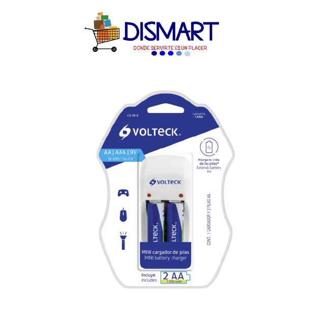 Cargador de Baterias AA, AAA y 9V. (Incluye 2 Baterias AA).