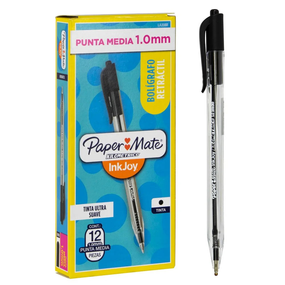 Boligrafo 1.0mm Kilometrico 100 Retractil Negro Paper Mate