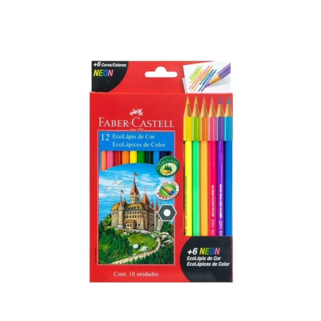 Crayón de madera Faber Castell 120112 12 col largo hexa+6 neón