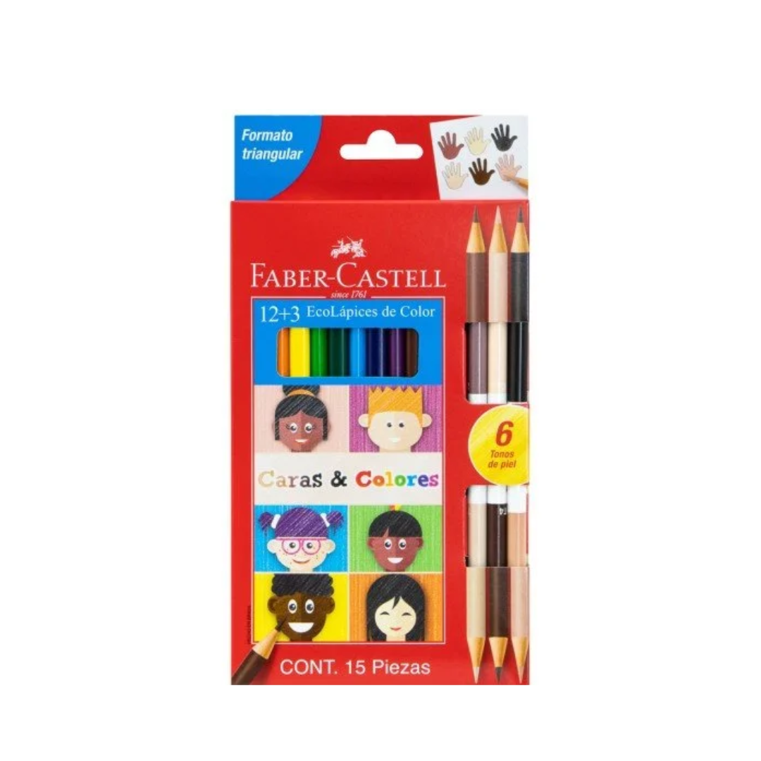 Crayón de madera Faber Castell 120112 12 col largo hexa+3 bicolor
