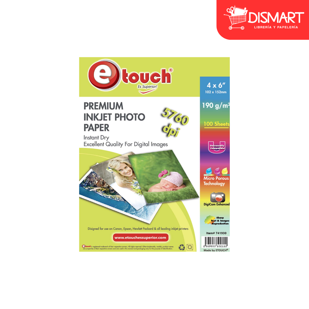 Papel foto glossy 4x6", 100 hojas, 190grs. Etouch®